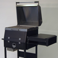 The B1 charcoal grill with cover open and side shelf attached.