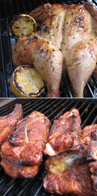 Grilled (spatchcocked) lemon chicken, smoked country style pork ribs