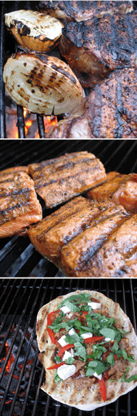 Perfect steak and onions, grilled salmon steaks, grilled pizza